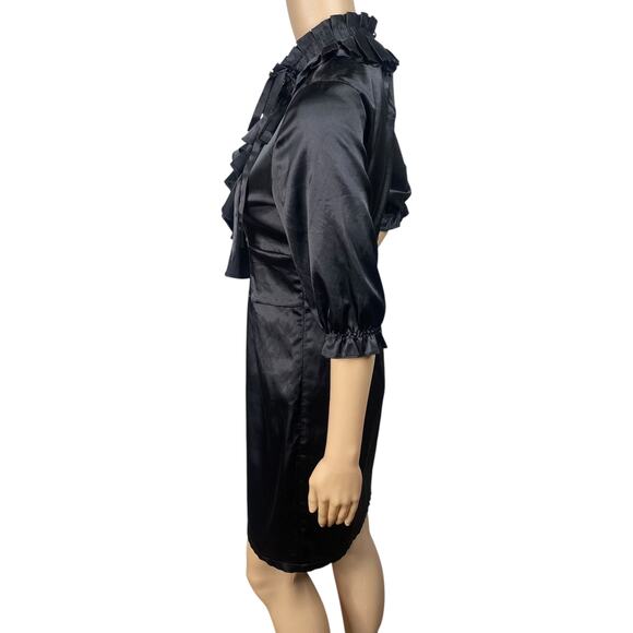 Vtg Y2K Black Satin Pleated Ruffle High Neck Sheath Dress SZ M - Picture 6 of 10